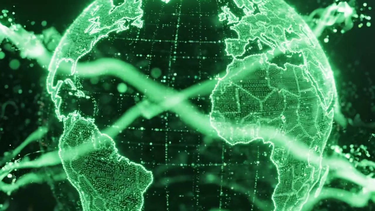 A Stunning Digital Visualization of Earth: A Futuristic Representation Showcasing the Vibrant Green Planet Surrounded by Energetic Particles and Dynamic Elements.