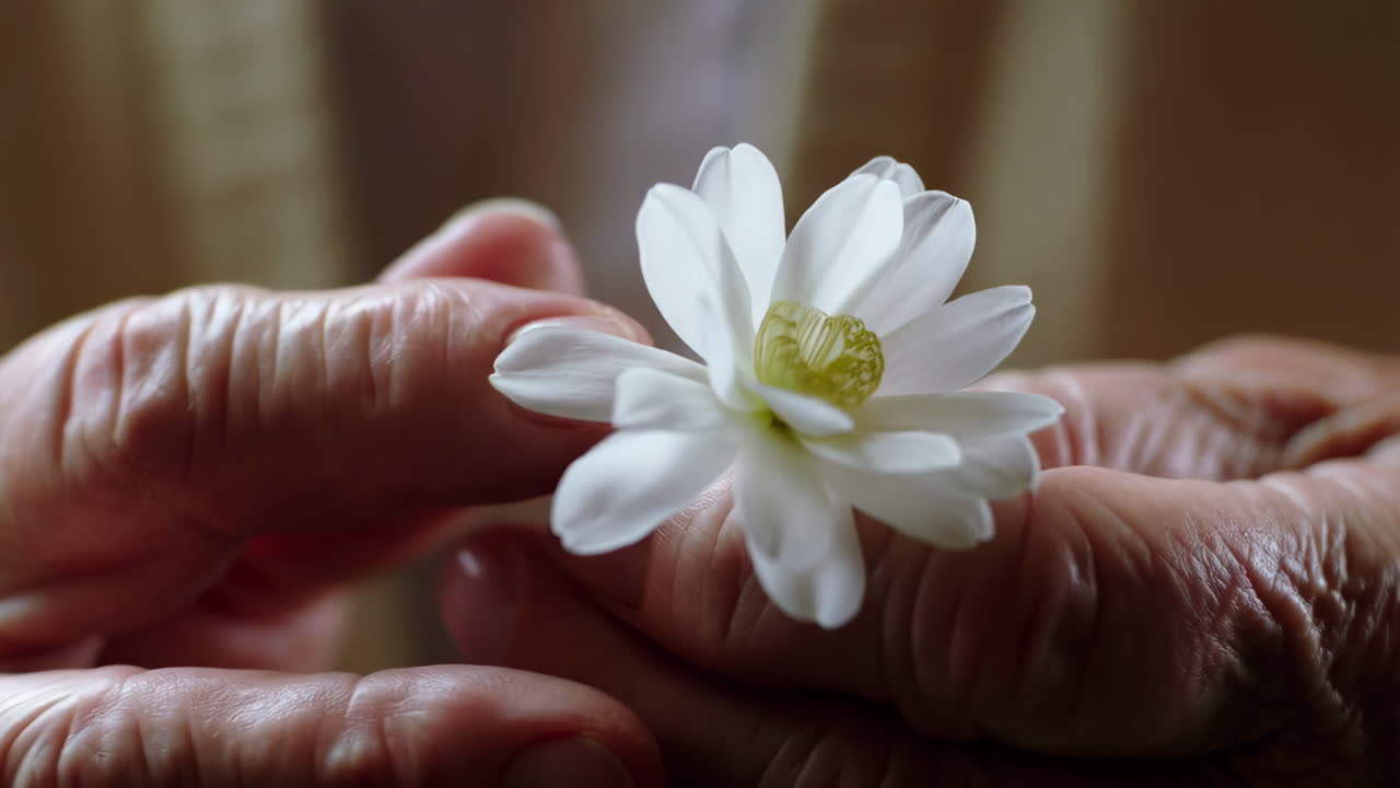 Hands holding a white flower