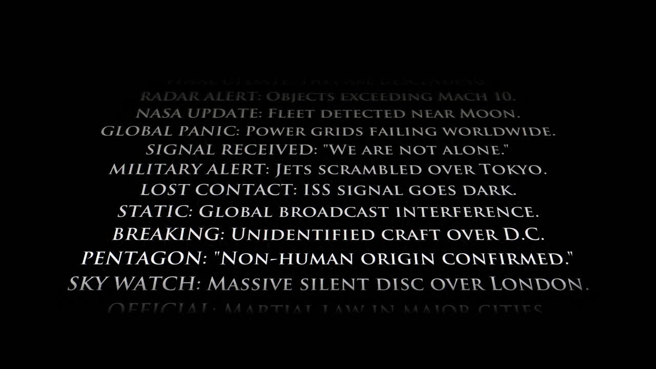 A dark, atmospheric display of breaking news headlines regarding UFO sightings and signal interference. Ideal for sci-fi storytelling, mystery trailers, and viral news content