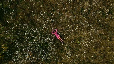 birds eye view drone shot of a beautiful young women laying and relaxing in a flower field in the countryside of canada