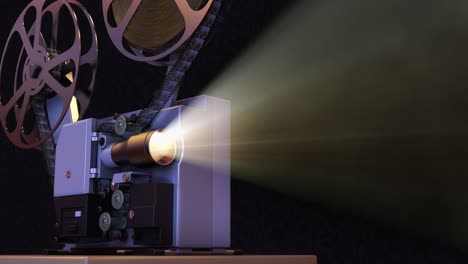 movie projector with film reel plays the old retro video on projection screen