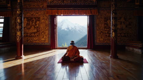 buddhist monk meditating in a temple with mountain view