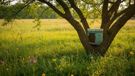 a serene beehive nestled in a tree among vibrant wildflowers under golden sunlight, showcasing nature's harmony and the importance of bees in the ecosystem