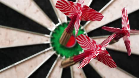 4k - dart hits the bullseye. dartboard defocused view