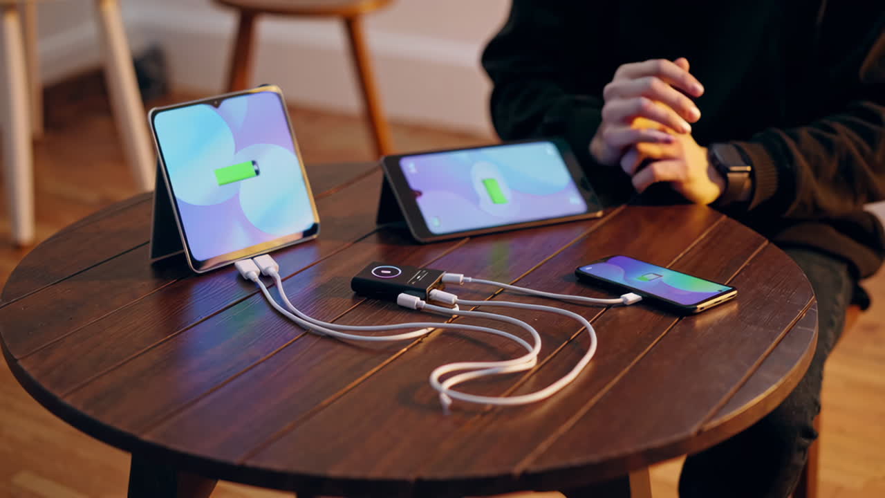 Charging Multiple Devices on a Wooden Table