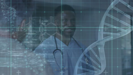 animation of dna strands over african american male doctor talking