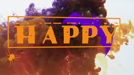 animación de texto feliz de halloween y humo púrpura y fondo blanco