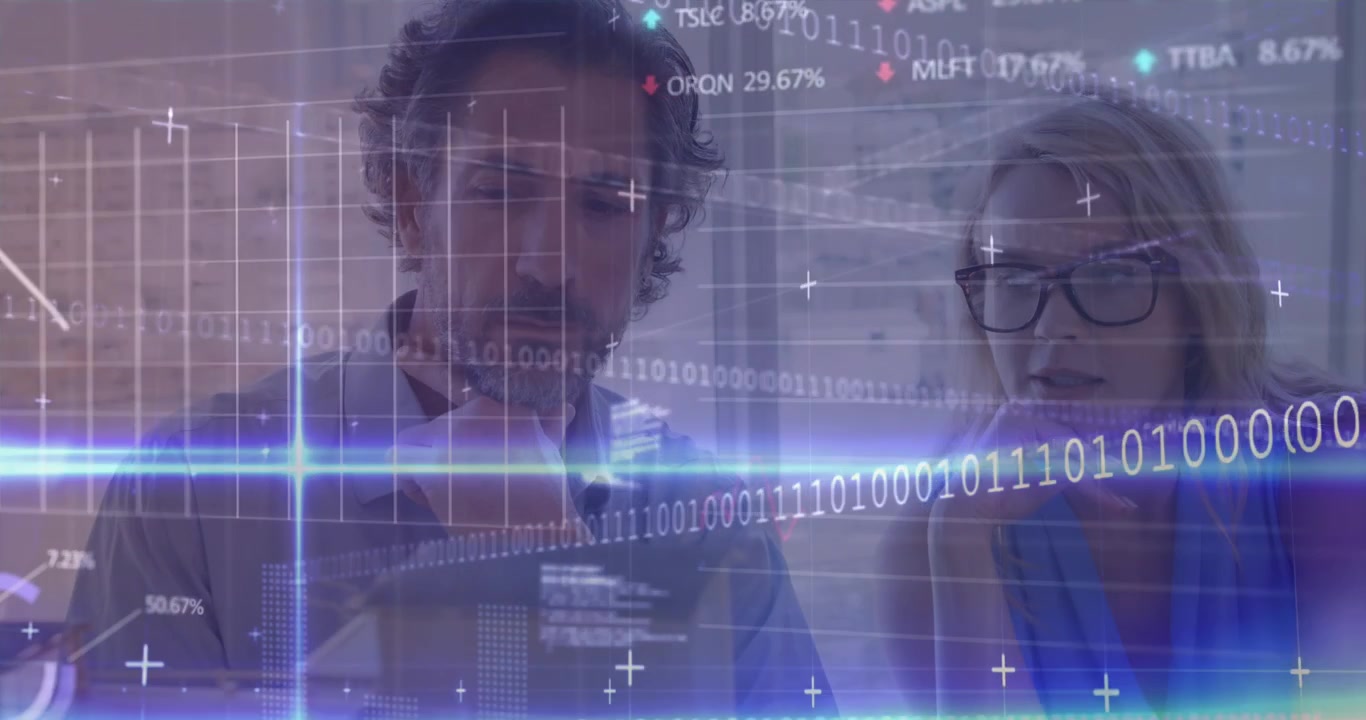 Animation of financial data processing binary coding and statistics over diverse business people
