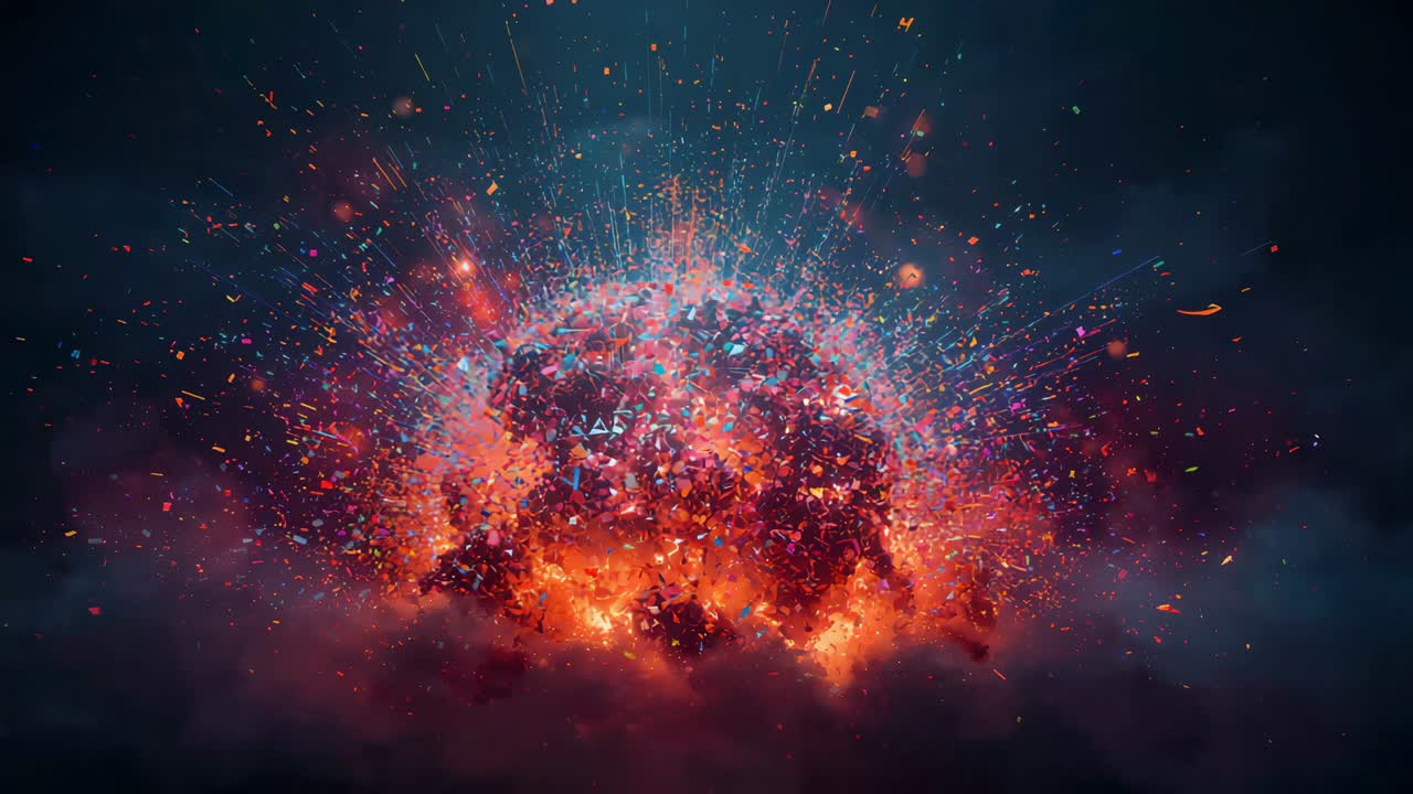 Brightening core initiating central fiery sphere expanding in dark teal-blue backdrop, with embers