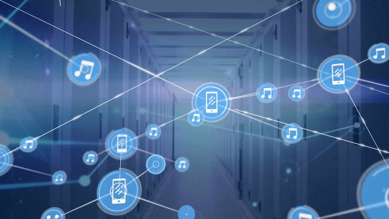 Animation of network of connections with icons over computer servers