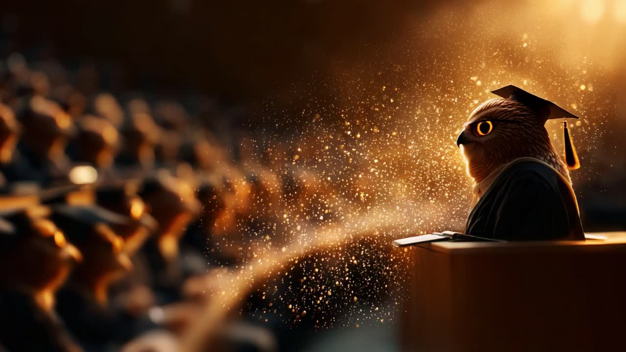 Inspiring Graduation Speech by a Wise Owl: A Captivating Scene of an Owl Delivering a Graduation Address to a Captive Audience of Graduates in Caps and Gowns, Celebrating Achievement