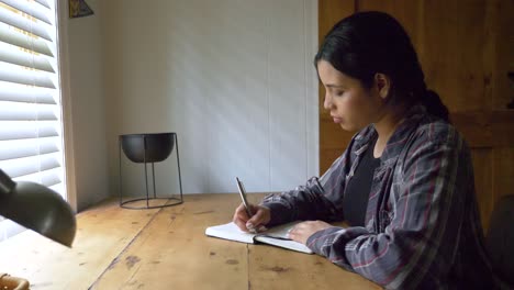 creative young woman writing aspirations and feelings notes in personal journal