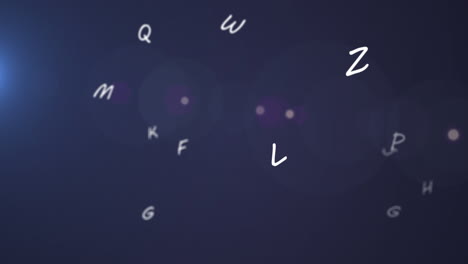 animación de letras y puntos de luz sobre fondo azul