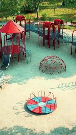 a red and blue playground with a slide, a climbing structure, and a merry-go-round.