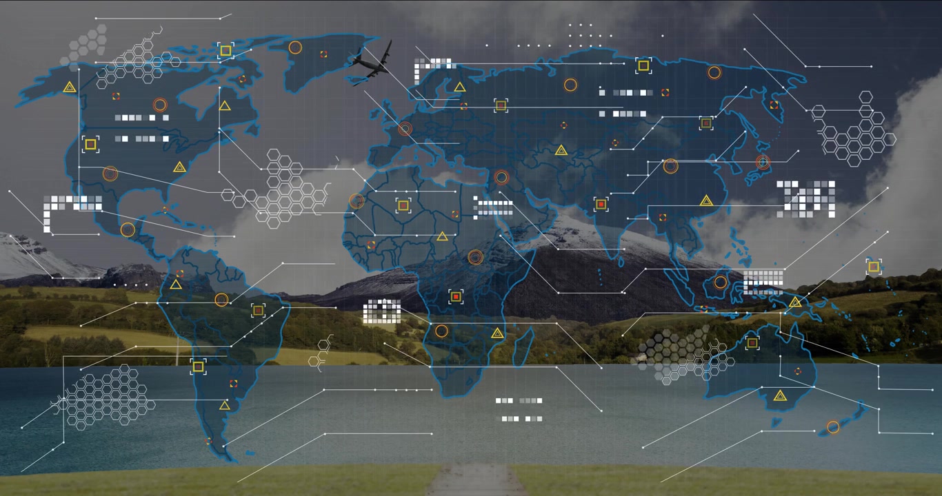 Upon map outline appearing overlay animating hex grids and jet connecting clusters for monitoring