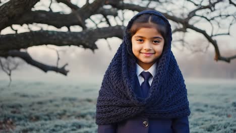 portrait of a smiling elementary age student wearing a blue wool scarf and a uniform standing in a park with frost on the grass during a foggy winter morning