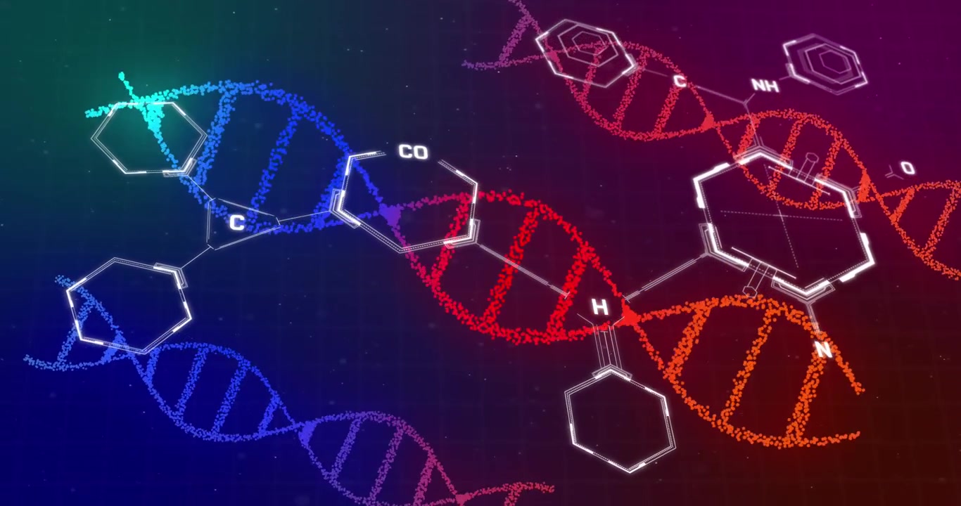 Animação de DNA e estruturas químicas sobre fundo gradiente roxo