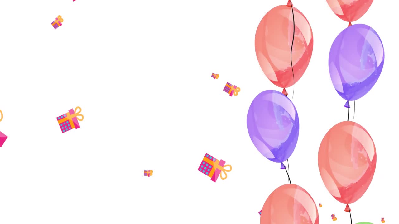 animación de globos que caen y regalos sobre un fondo blanco