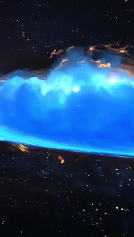 a blue and orange comet is flying through space. the comet is surrounded by a cloud of fire and smoke