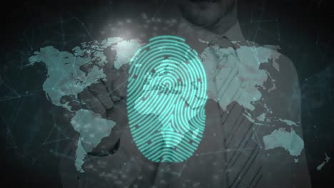 Animation-of-fingerprint,-padlock-in-shields,-connected-dots-and-map,-caucasian-man-touching-screen