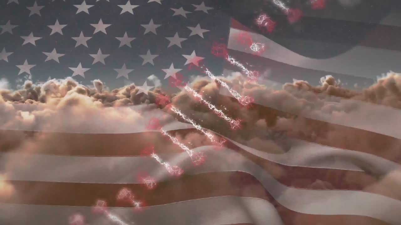 미국  ⁇ 발과 구름진 하늘 위에서 회전하는 dna 가닥의 애니메이션