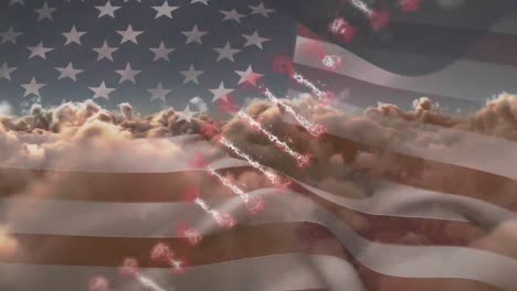 Animation-of-dna-strand-rotating-over-american-flag-and-cloudy-sky