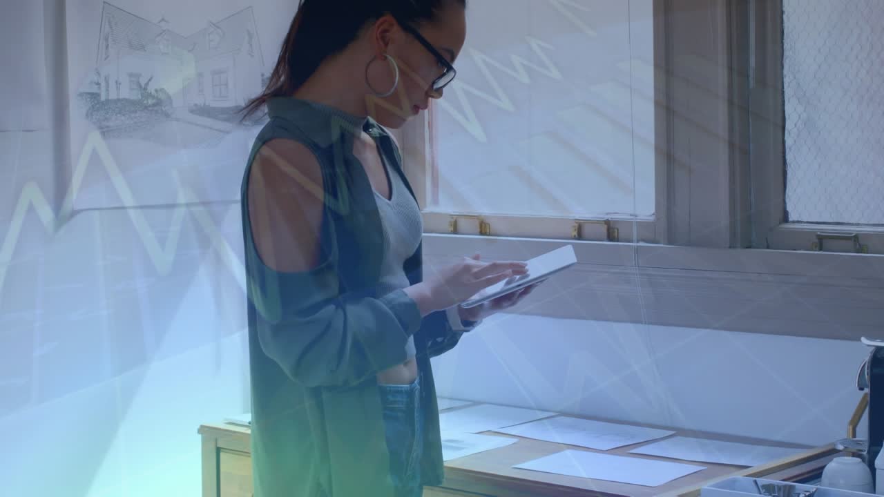 Animation of financial data processing over businesswoman