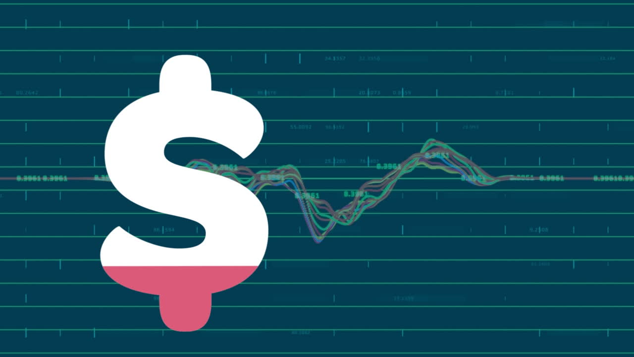 Animation of dollar sign filling up with pink and financial data processing