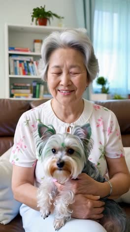 a senior asian woman is sitting on a couch with his cute dog at home.
