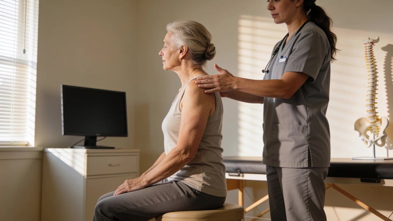 Inizio della valutazione, clinico in camice grigio che palpa le spalle di una donna anziana su uno sgabello, con un modello di colonna vertebrale.