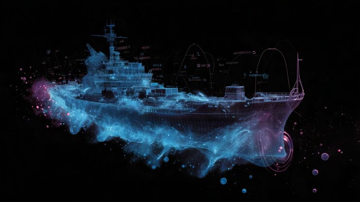 Corazzata futuristica digitale che si forma da particelle blu e viola su sfondo nero. Nave militare navale high-tech con analisi dei dati e connessioni di rete per un concetto di guerra moderna