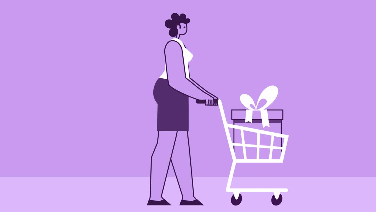 보라색 스타일의 여성 평평한 캐릭터가 쇼핑 카트에서 선물 상자를 가지고 고 있습니다. 알파 채널과 함께 고립된 루프 애니메이션