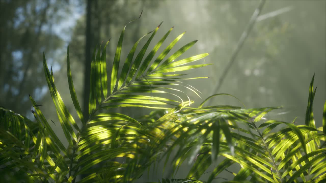 luz brillante brillando a través de la niebla húmeda y las hojas de la selva