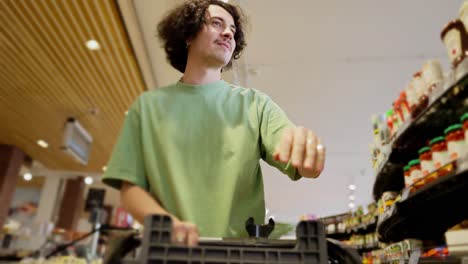 Bottom-view-of-a-confident-brunette-guy-with-curly-hair-in-a-Green-T-shirt-carries-a-cart-in-a-supermarket-and-puts-the-things-he-needs-from-it-during-his-shopping