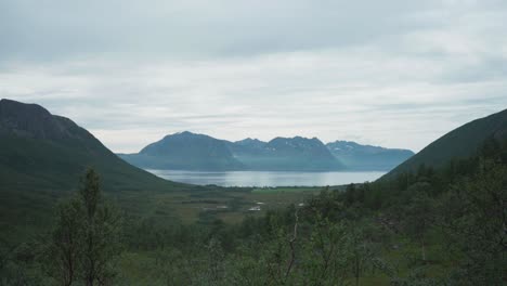 Selfjorden-Mountain-And-Lake-At-Flakstad-Village-On-The-Island-Senja-In-Northern-Norway