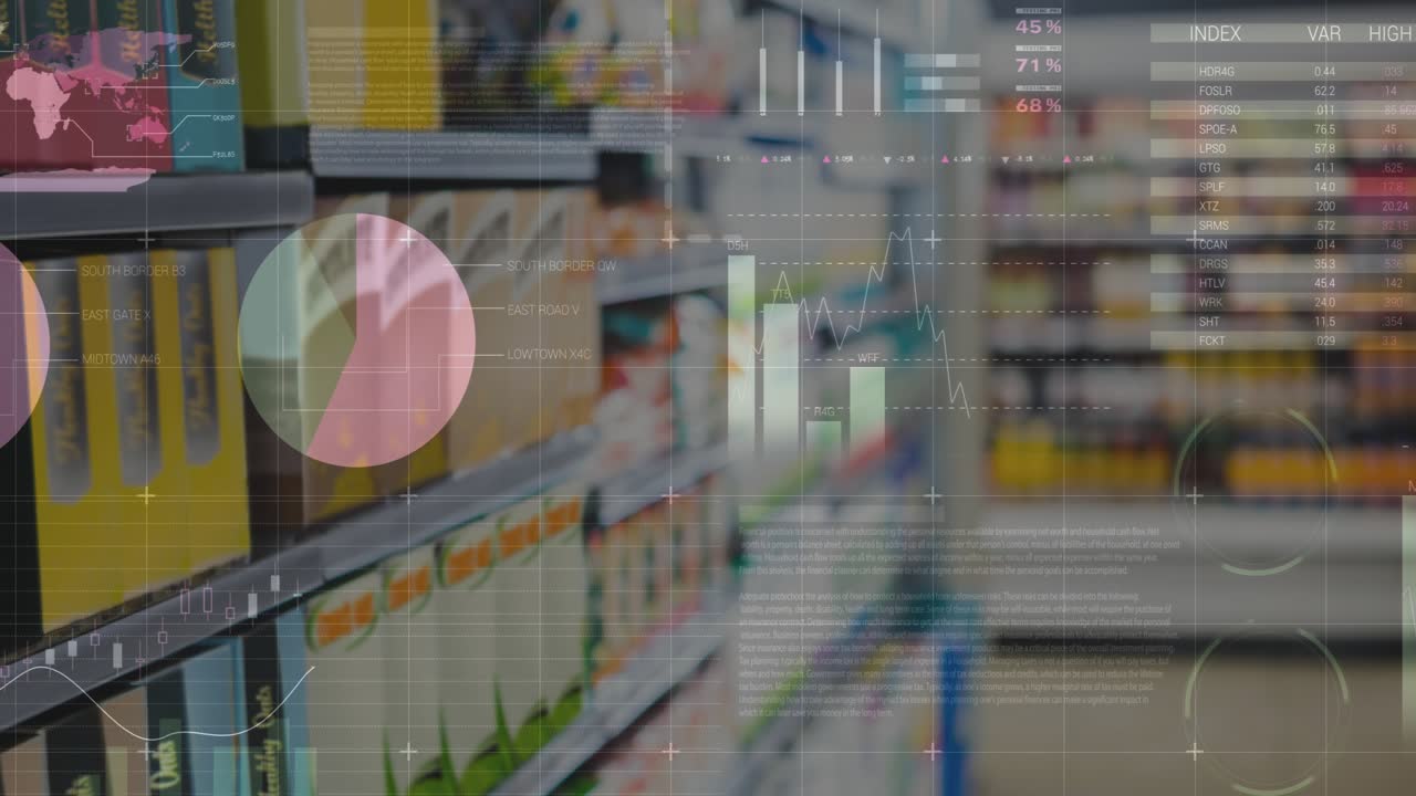 Data feed arriving, analytics HUD appearing over store shelves, charts forming and showing trends