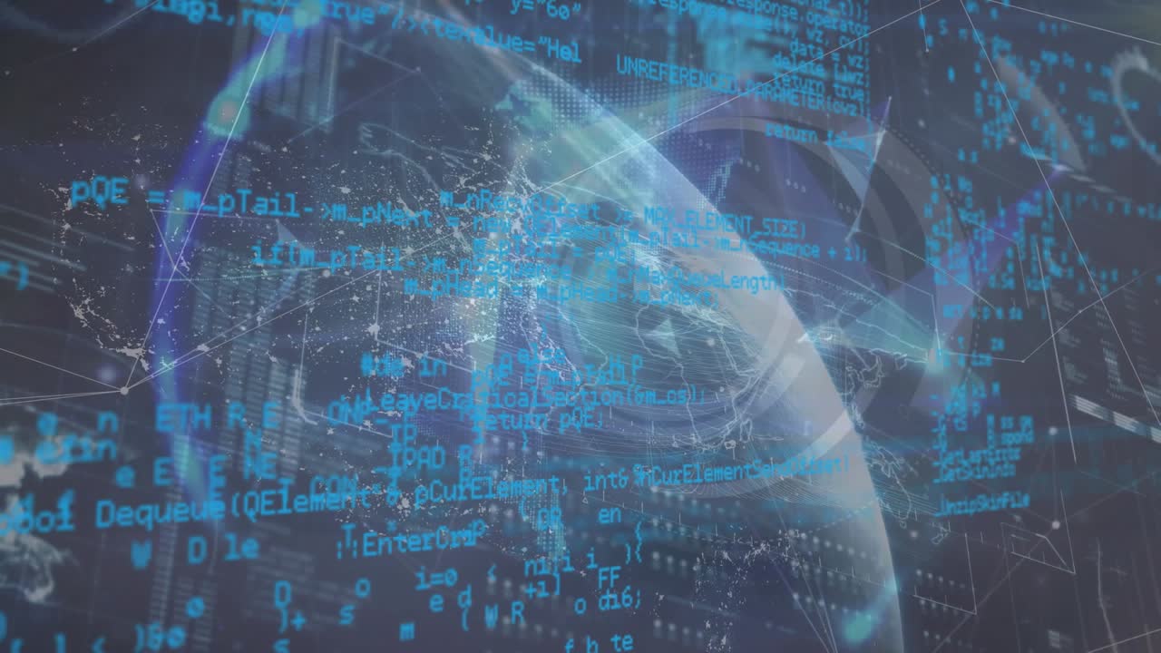 Animation of programming language over circles and hexagon tunnel on abstract background
