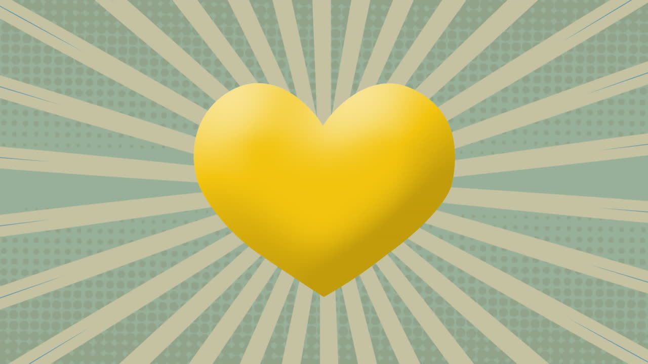 녹색 배경에 움직이는 방사선에 대한 노란색 심장 아이콘의 디지털 애니메이션