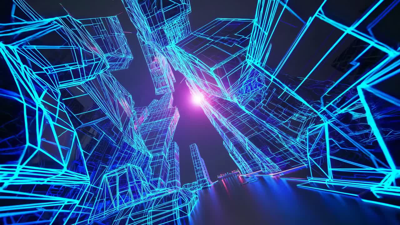 Futuristic cityscape with neon blue wireframe buildings, viewed from a low angle