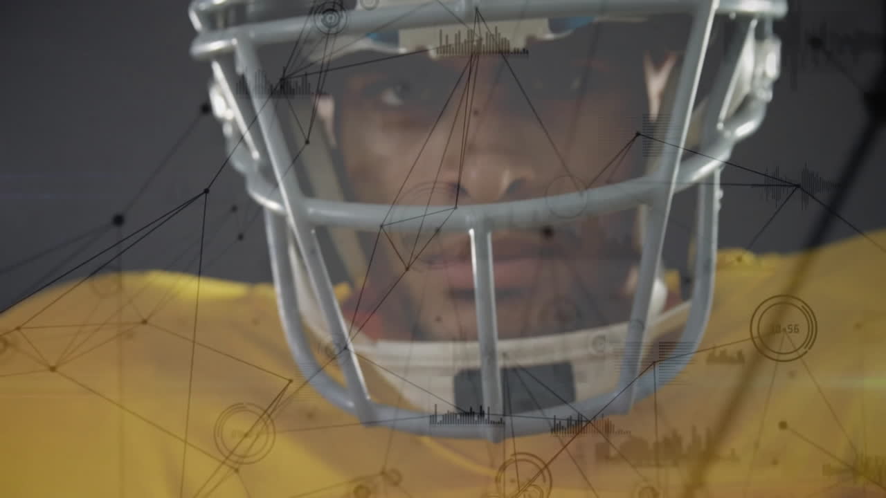 American football player wearing helmet with data processing animation overlay