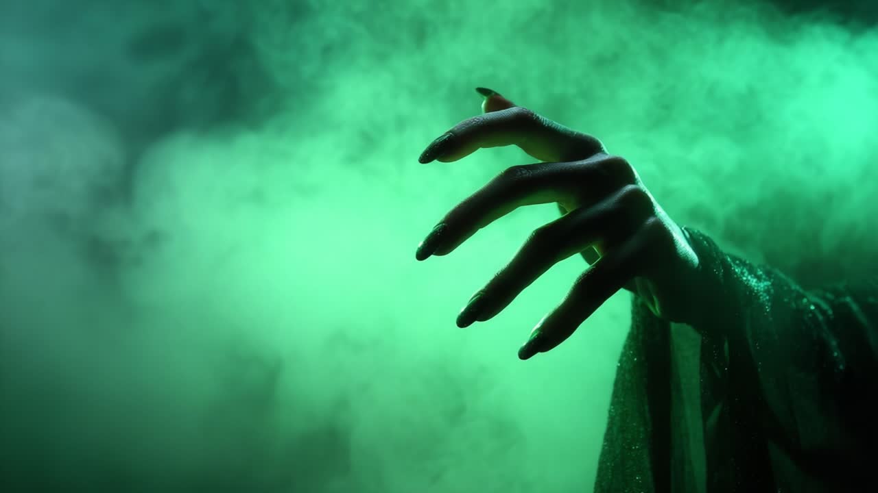 A Mystical Hand Emerges from Enigmatic Green Smoke, Capturing the Essence of Magic and Intrigue with Enveloping Shadows and Otherworldly Aura