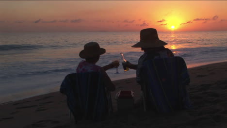 Una-Pareja-Brinda-Por-El-Océano-Desde-Sus-Sillas-En-La-Playa