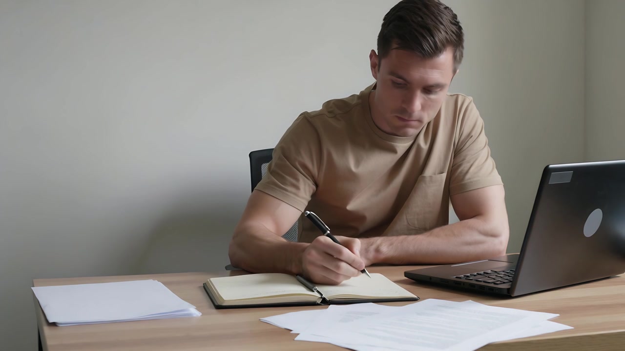 Reaching man wearing beige tee glancing at laptop shifting papers at home, pen writing in notebook