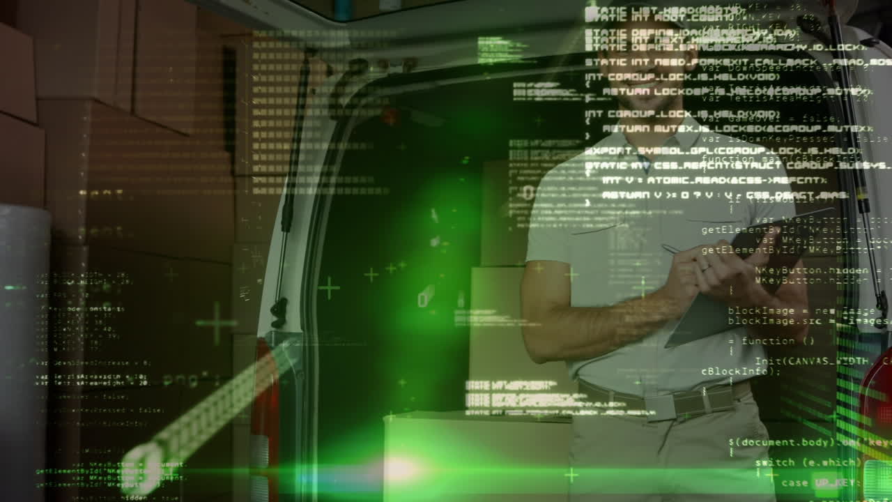 Animation af digital grænseflade over en kaukasisk lagerarbejder.