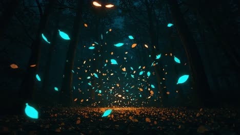 a magical transformation in a mystical forest: illuminated leaves dance in the night, creating a captivating glow amidst the shadows of tall trees