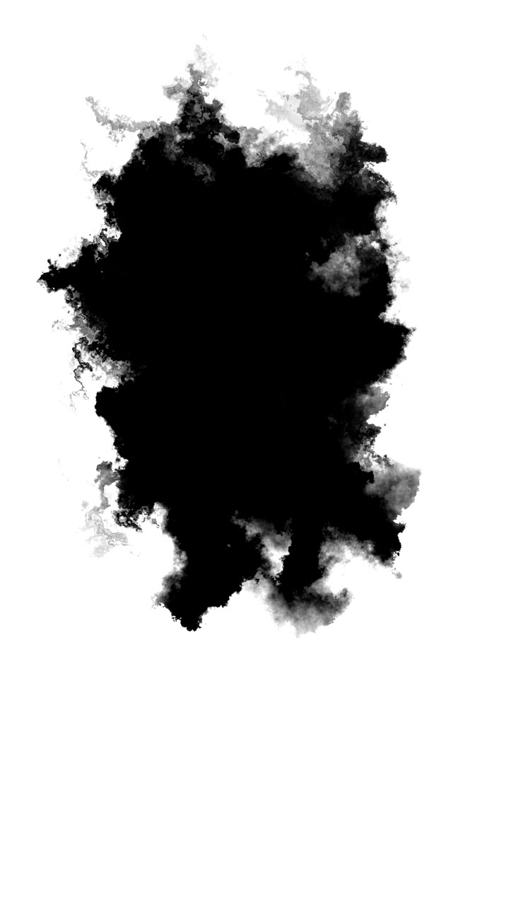 Effetto di transizione fumo d'inchiostro con pennacchio nuvoloso nero, sfondo bianco isolato, bordi fluidi morbidi e logo.