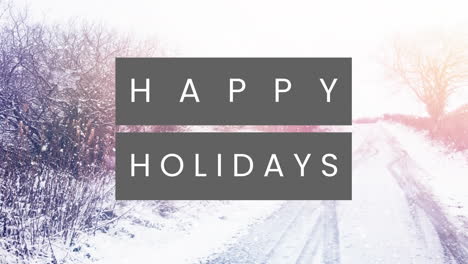 animación de felices vacaciones pancarta de texto contra la nieve que cae sobre el paisaje de invierno