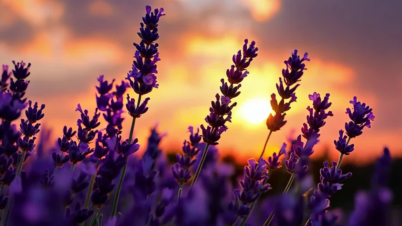 un campo de flores de lavanda con el sol poniéndose en el fondo