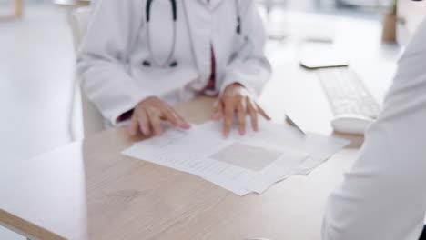 doctor, hands and paperwork for healthcare test