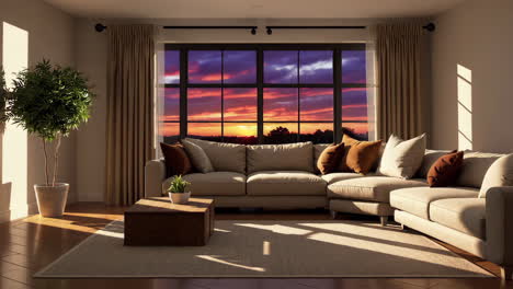 cozy living room at sunset